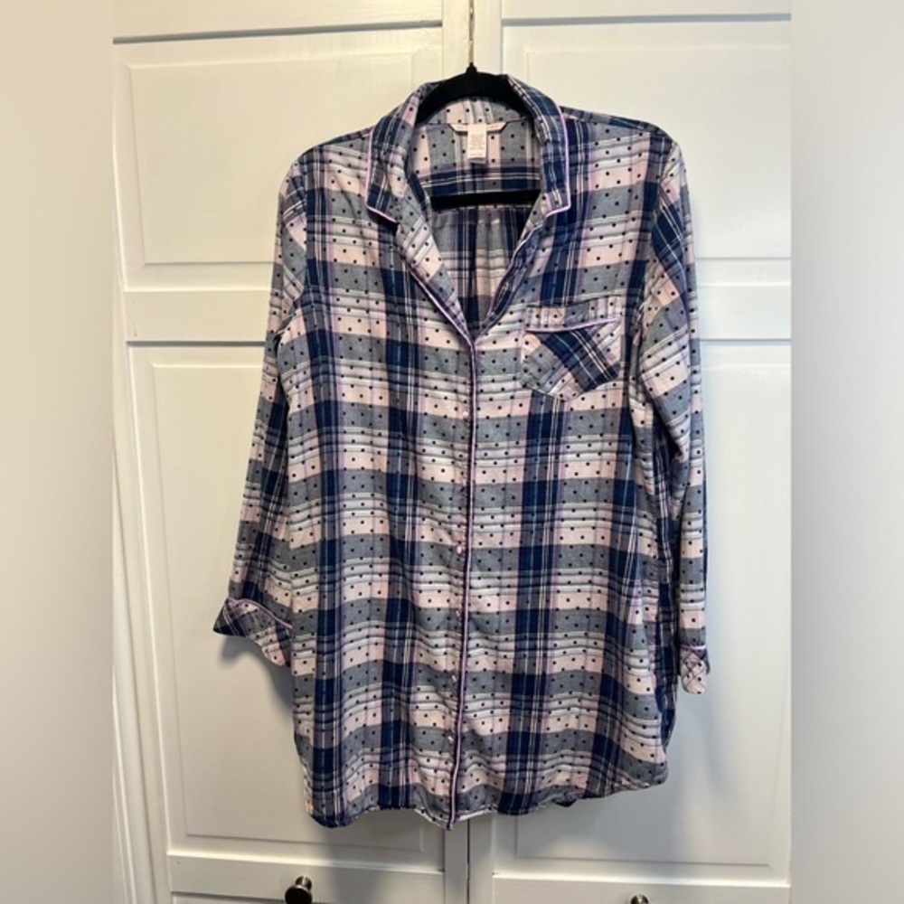Victoria’s Secret Long Sleeve Sleep Shirt Plaid With Polka-Dots Multicolor